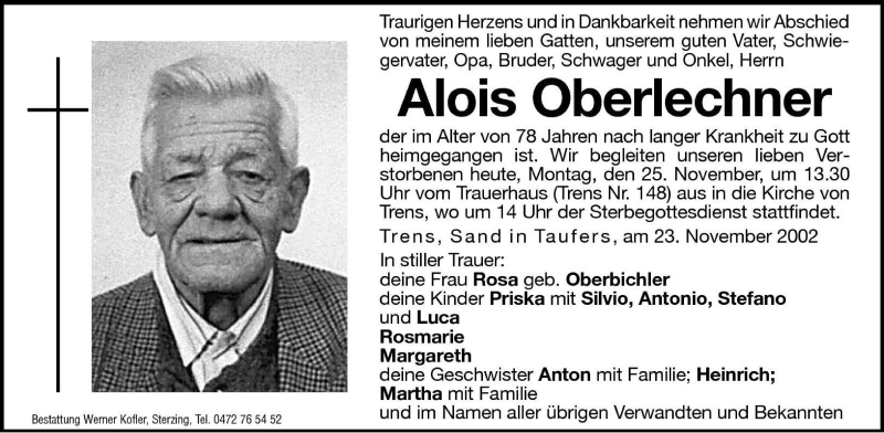  Traueranzeige für Alois Oberlechner vom 25.11.2002 aus Dolomiten