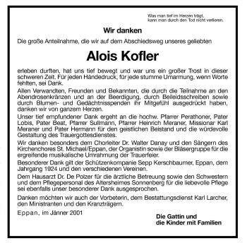 Traueranzeige von Alois Kofler von Dolomiten