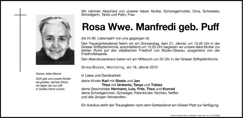  Traueranzeige für Rosa Manfredi vom 19.01.2010 aus Dolomiten