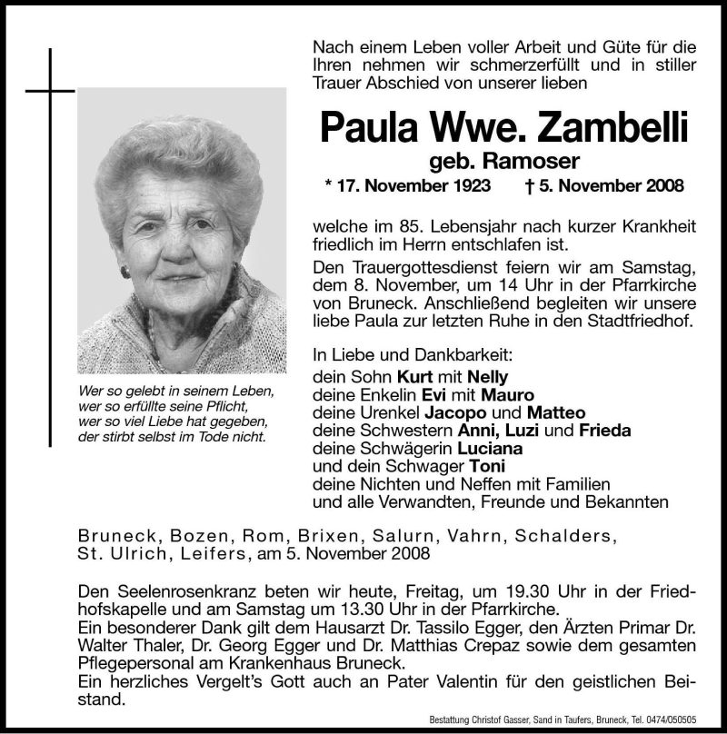  Traueranzeige für Paula Zambelli vom 07.11.2008 aus Dolomiten