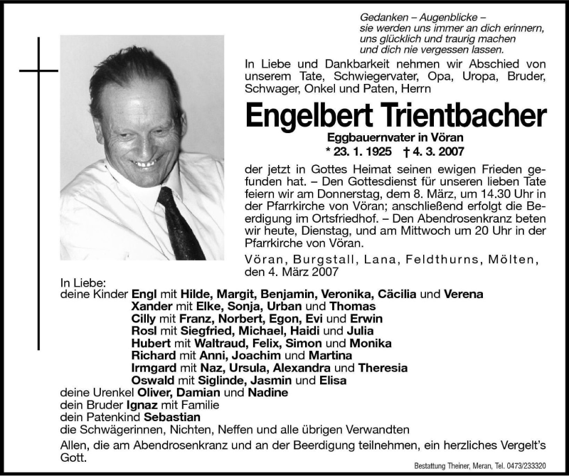  Traueranzeige für Engelbert Trientbacher vom 06.03.2007 aus Dolomiten