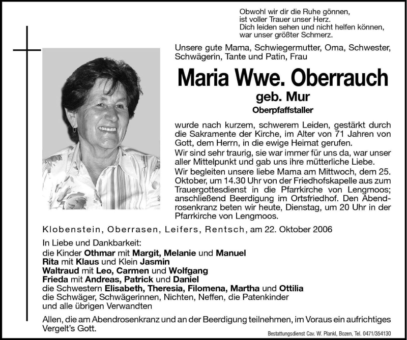  Traueranzeige für Maria Oberrauch vom 24.10.2006 aus Dolomiten