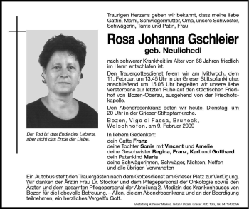 Traueranzeige von Rosa Johanna Gschleier von Dolomiten