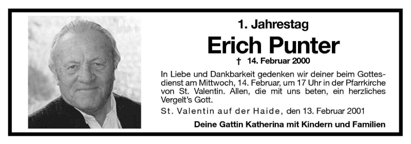  Traueranzeige für Erich Punter vom 13.02.2001 aus Dolomiten