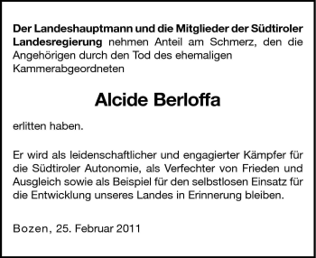 Traueranzeige von Alcide Berloffa von Dolomiten