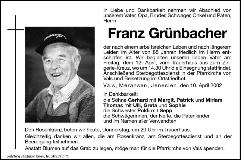  Traueranzeige für Franz Grünbacher vom 11.04.2002 aus Dolomiten