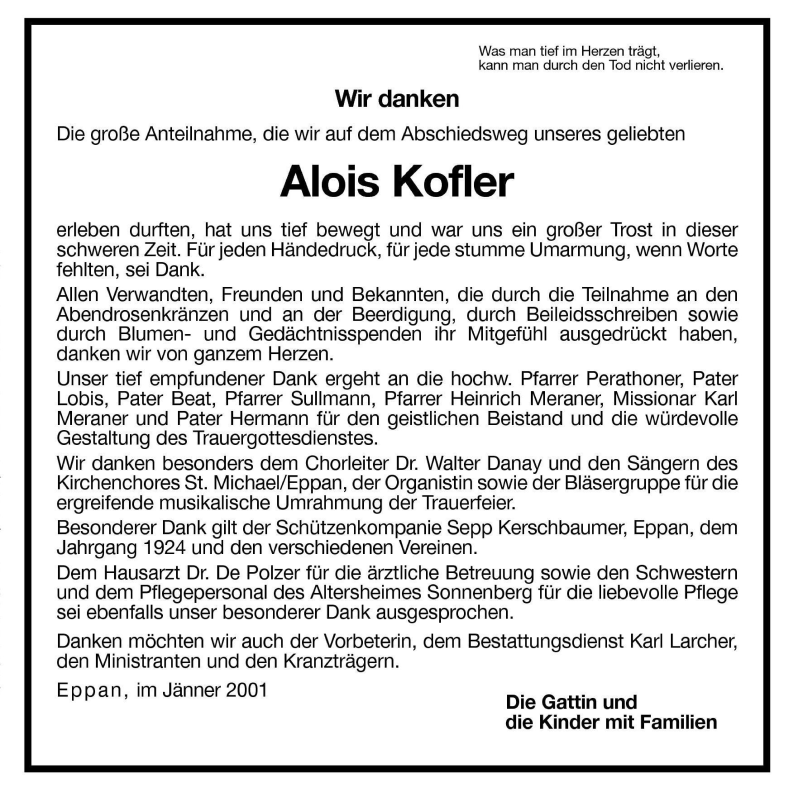  Traueranzeige für Alois Kofler vom 13.01.2001 aus Dolomiten