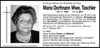 Traueranzeige von Maria Taschler von Dolomiten