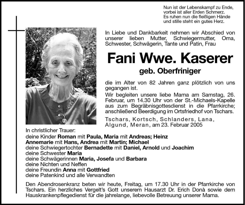  Traueranzeige für Fani Kaserer vom 25.02.2005 aus Dolomiten