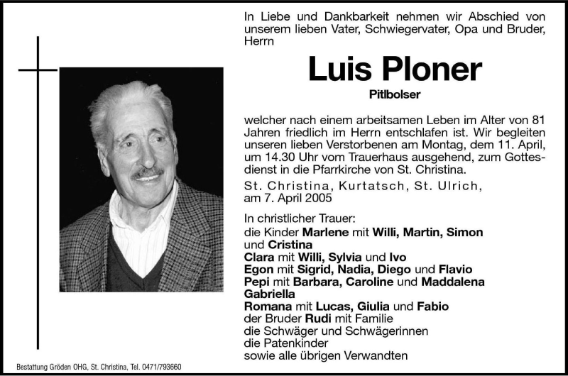  Traueranzeige für Luis Ploner vom 09.04.2005 aus Dolomiten