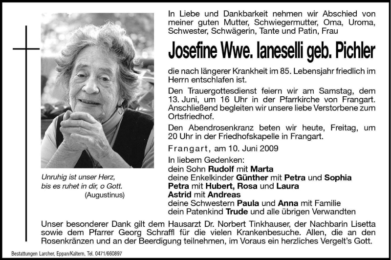  Traueranzeige für Josefine Ianeselli vom 12.06.2009 aus Dolomiten