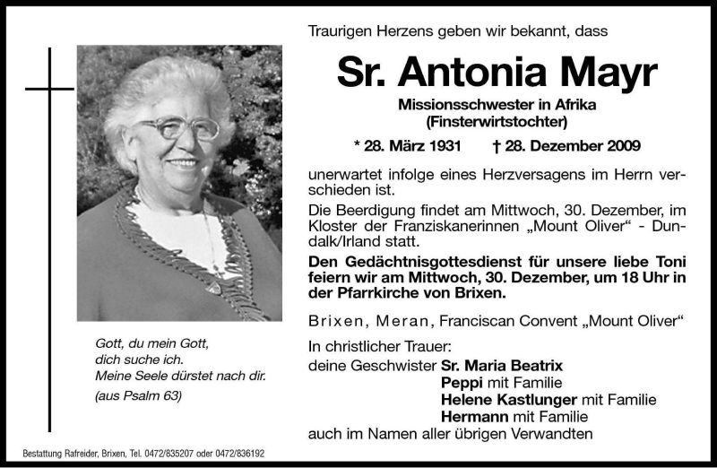  Traueranzeige für Antonia Mayr vom 29.12.2009 aus Dolomiten