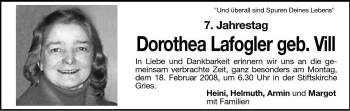 Traueranzeige von Dorothea Lafogler von Dolomiten