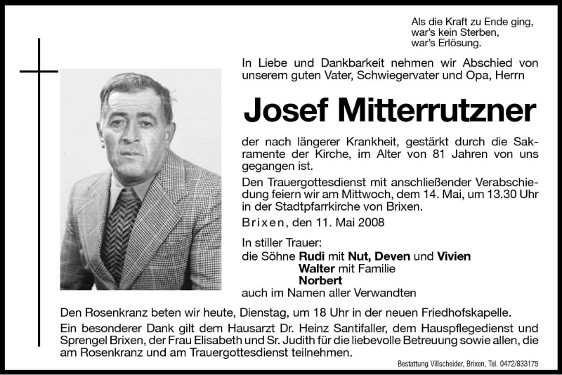  Traueranzeige für Josef Mitterrutzner vom 13.05.2008 aus Dolomiten