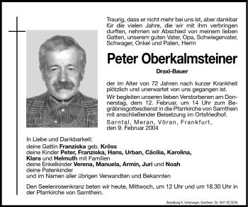 Traueranzeige von Peter Oberkalmsteiner von Dolomiten