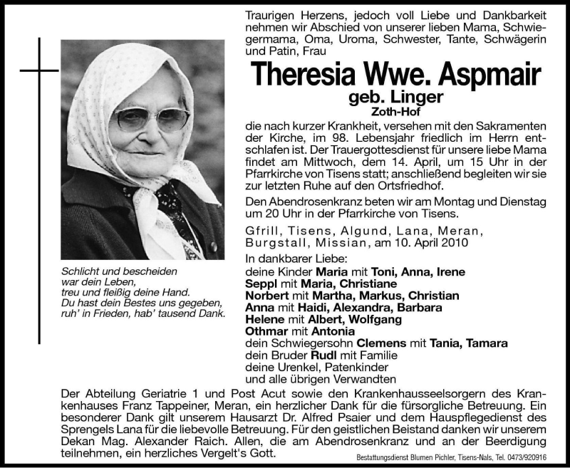  Traueranzeige für Theresia Aspmair vom 12.04.2010 aus Dolomiten
