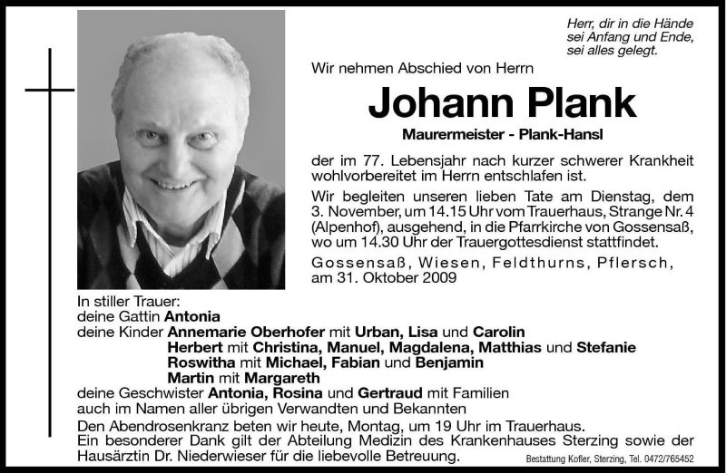  Traueranzeige für Johann Plank vom 02.11.2009 aus Dolomiten