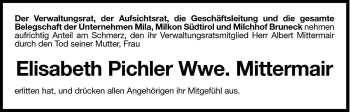 Traueranzeige von Elisabeth Mittermair von Dolomiten