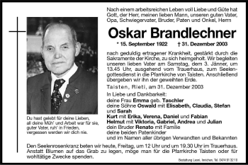 Traueranzeige von Oskar Brandlechner von Dolomiten