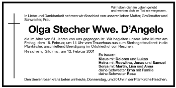 Traueranzeige von Olga D' Angelo von Dolomiten