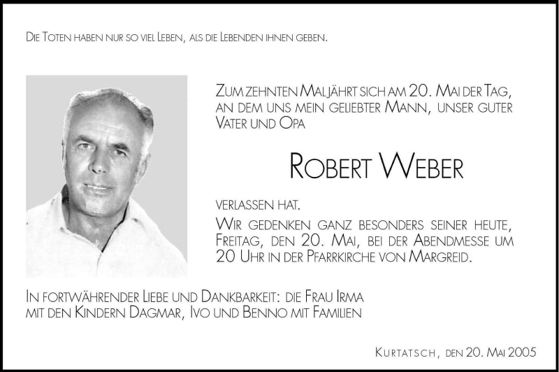  Traueranzeige für Robert Weber vom 20.05.2005 aus Dolomiten