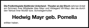 Traueranzeige von Hedwig Mayr von Dolomiten
