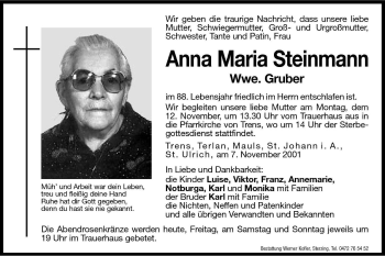 Traueranzeige von Anna Maria Gruber von Dolomiten