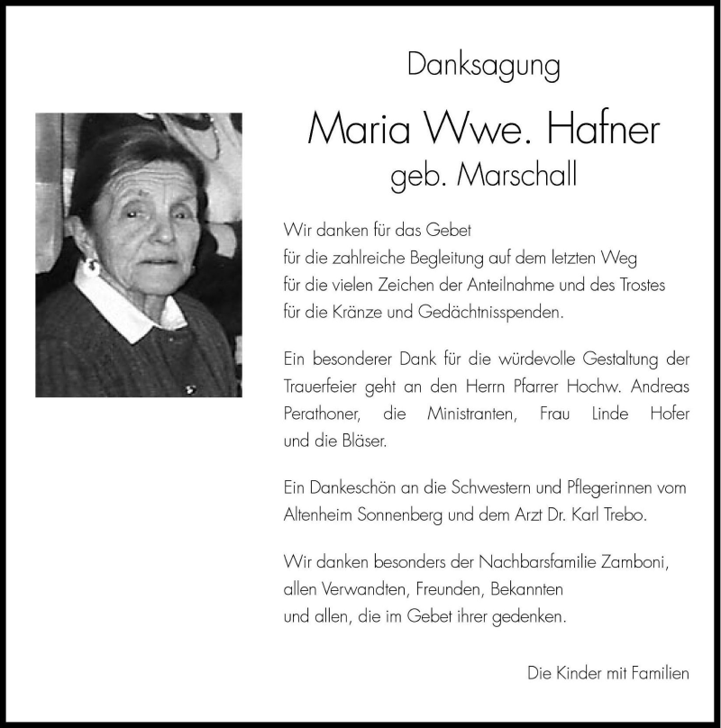  Traueranzeige für Maria Hafner vom 08.02.2003 aus Dolomiten