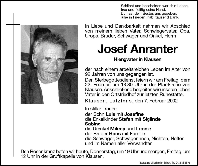  Traueranzeige für Josef Anranter vom 21.02.2002 aus Dolomiten