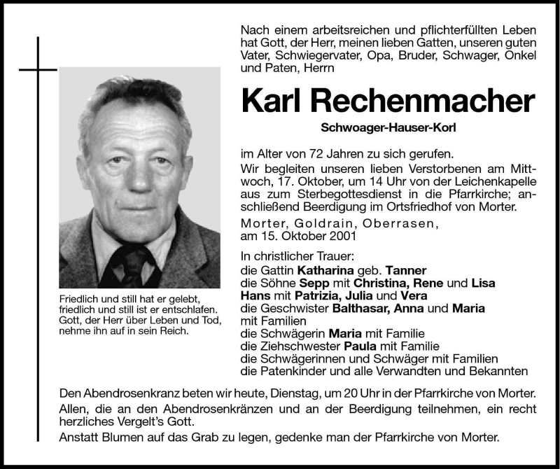  Traueranzeige für Karl Rechenmacher vom 16.10.2001 aus Dolomiten