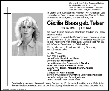 Traueranzeige von Cäcilia Blaas von Dolomiten