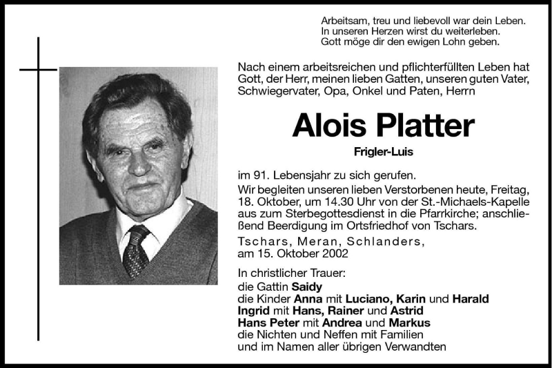  Traueranzeige für Alois Platter vom 18.10.2002 aus Dolomiten