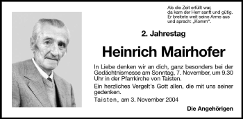 Traueranzeige von Heinrich Mairhofer von Dolomiten