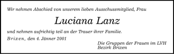 Traueranzeige von Luciana Lanz von Dolomiten