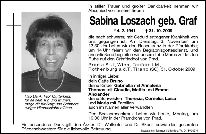  Traueranzeige für Sabina Loszach vom 02.11.2009 aus Dolomiten