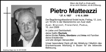 Traueranzeige von Pietro Matteazzi von Dolomiten