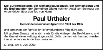 Traueranzeige von Paul Urthaler von Dolomiten