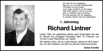 Traueranzeige von Richard Lintner von Dolomiten