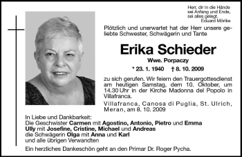 Traueranzeige von Erika Porpaczy von Dolomiten