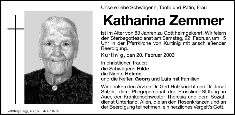  Traueranzeige für Katharina Zemmer vom 21.02.2003 aus Dolomiten