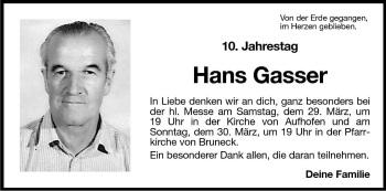 Traueranzeige von Hans Gasser von Dolomiten