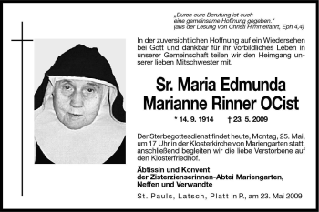 Traueranzeige von Maria Edmunda von Dolomiten