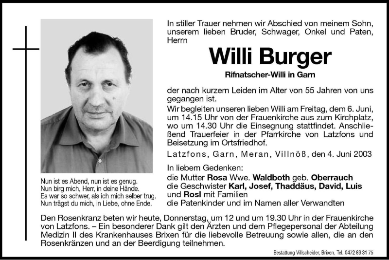  Traueranzeige für Willi Burger vom 05.06.2003 aus Dolomiten