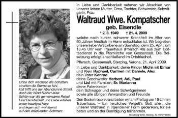 Traueranzeige von Waltraud Kompatscher von Dolomiten