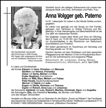 Traueranzeige von Anna Volgger von Dolomiten