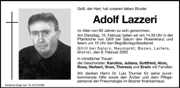 Traueranzeige von Adolf Lazzeri von Dolomiten