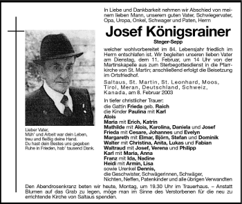 Traueranzeige von Josef Königsrainer von Dolomiten