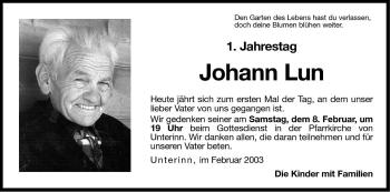 Traueranzeige von Johann Lun von Dolomiten