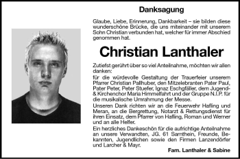 Traueranzeige von Christian Lanthaler von Dolomiten