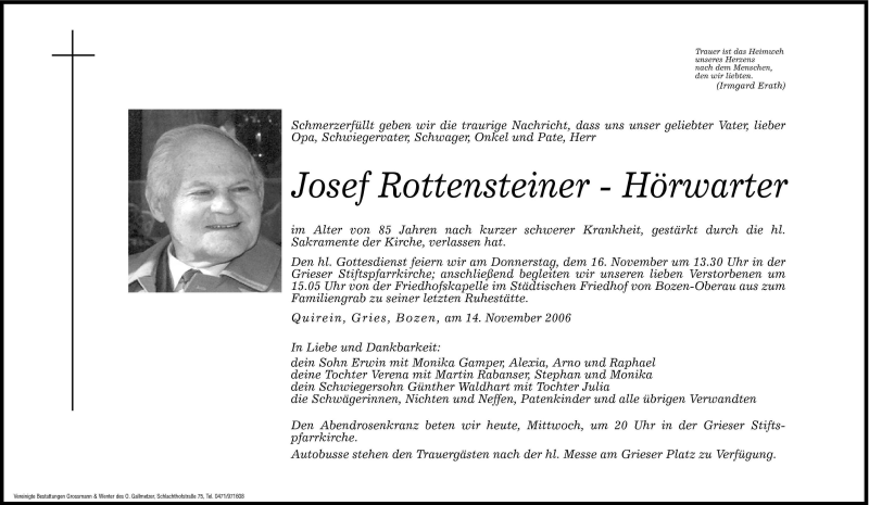  Traueranzeige für Josef Rottensteiner-Hörwarter vom 15.11.2006 aus Dolomiten